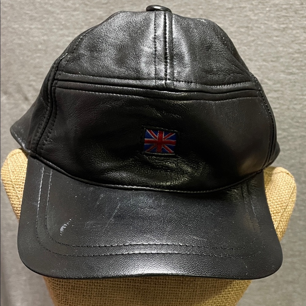 Stylish Black Leather Cap with Union Jack Emblem
